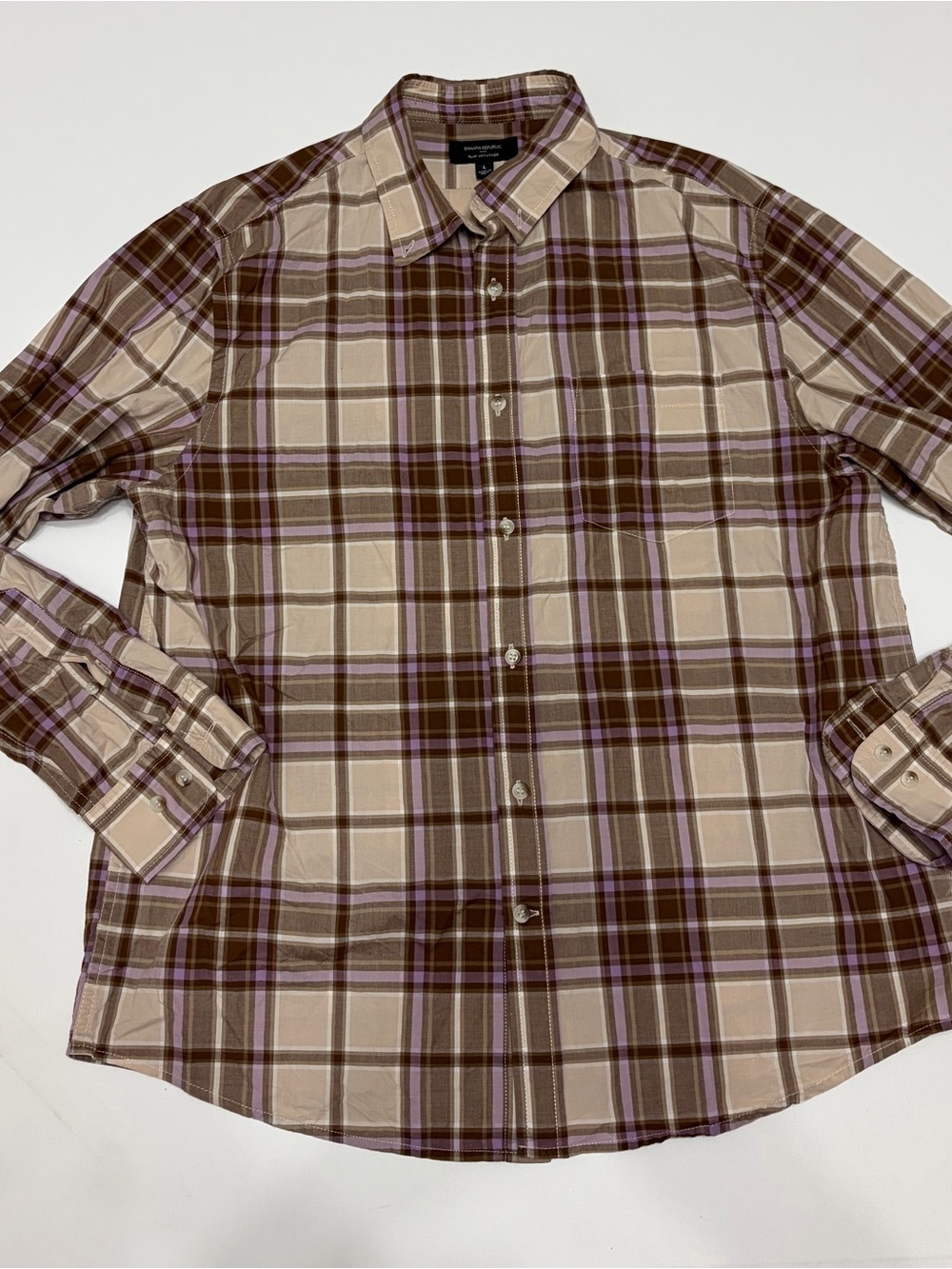 Banana Republic Men's Plaid Button-Down Shirt in Beige, Brown and Purple Sz L